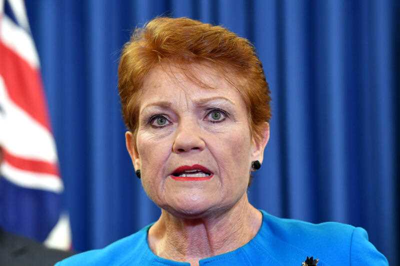One Nation leader, Senator Pauline Hanson is seen during a press conference in Brisbane