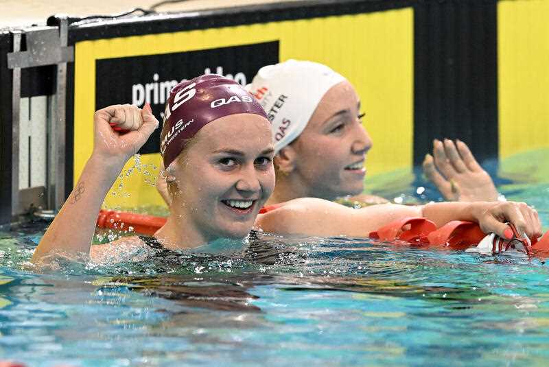 Ariarne Titmus reacts after setting a World record in the Women’s 400m Freestyle Final during Day 5 of the 2022 Australian Swimming Championships at the SA Aquatic and Leisure Centre in Adelaide, Sunday, May 22, 2022