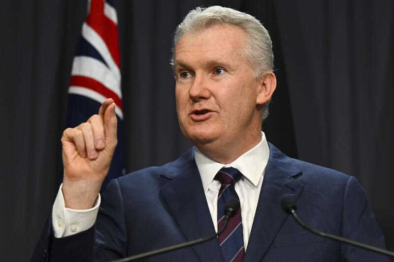 Australian Employment Minister Tony Burke speaks to media during a press conference at Parliament House in Canberra
