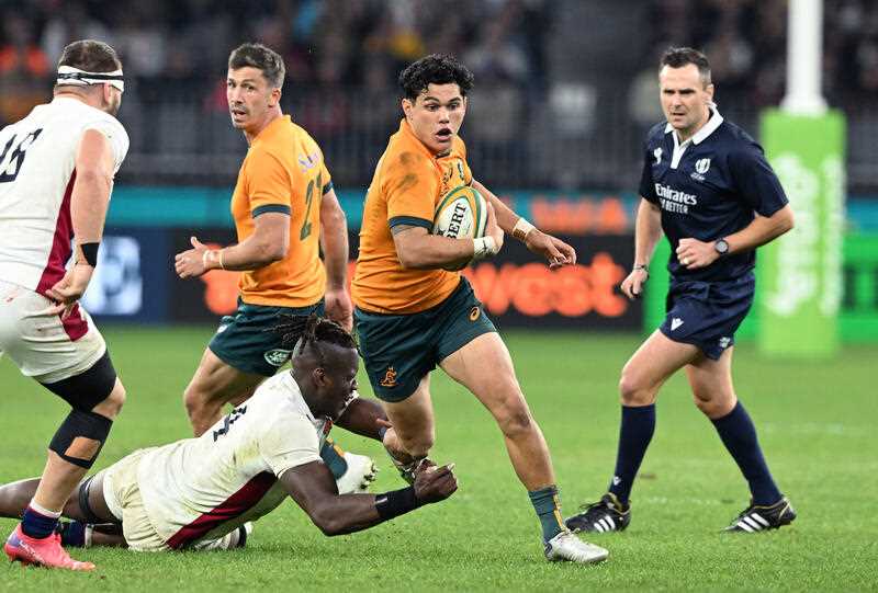 Noah Lolesio of the Wallabies during the first Test match of the International Rugby Test series between Australia and England at Optus Stadium in Perth, Saturday, July 2, 2022