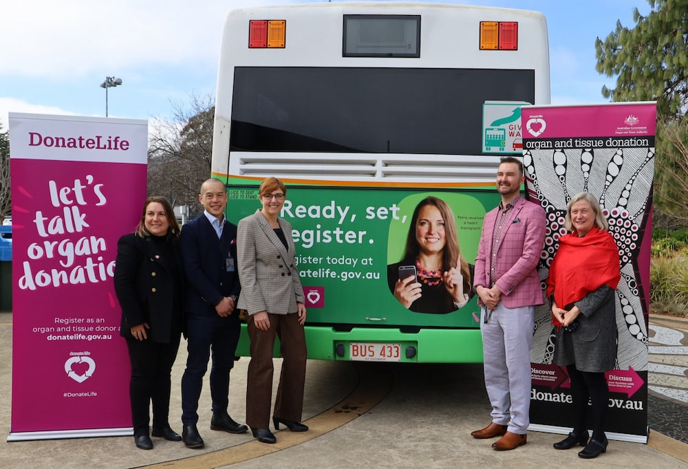 Lucinda Barry, CEO of the Organ and Tissue Authority; Dr Sean Chan, DonateLife state medical director; Rachel Stephen-Smith, ACT Minister for Health; Joshua Lindenthaler, heart transplant recipient; and Anna Masters, Merici College principal. Photo: ACT Government