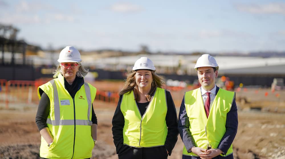 Nadine O’Keefe, general manager ACT Hindmarsh Construction, Yvette Berry MLA, and Michael Pettersson MLA at the Taylor High School construction site. Photo: ACT Government.