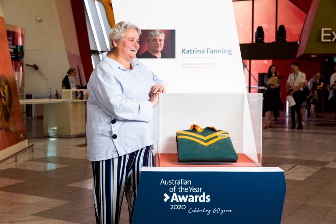2020 ACT Australian of the Year, Katrina Fanning, standing near her display at the National Museum of Australia