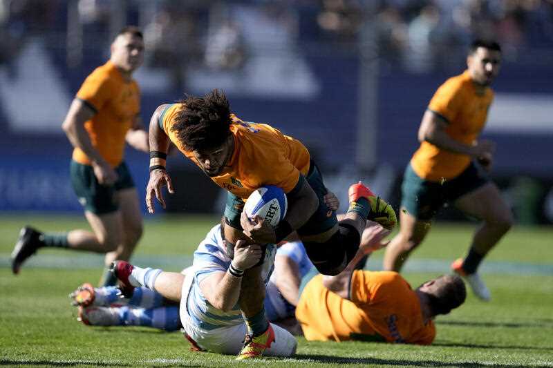 Australia's Rob Valetini is tackled by Argentina's Julian Montoya, during their Rugby Championship match at the Bicentenario stadium in San Juan, Argentina, Saturday, Aug. 13, 2022