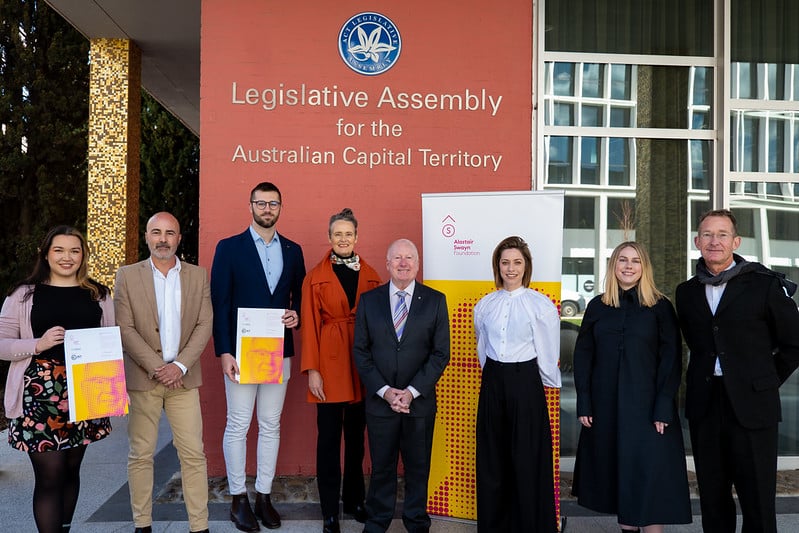 Alastair Swayne internship recipient Courtney Thoo, ACT Government Director of Design Services Adam Azzopardi, Alastair Swayne internship recipient Kieran Minto, ACT Government Architect Catherine Townsend, ACT Minister for Planning and Land Management Mick Gentleman, University of Canberra Faculty of Arts Associate Dean of Education Erin Hinton, Alastair Swayne Foundation representative Susannah Britt and University of Canberra Professor of Architecture Michael Jasper. Photo: ACT Government