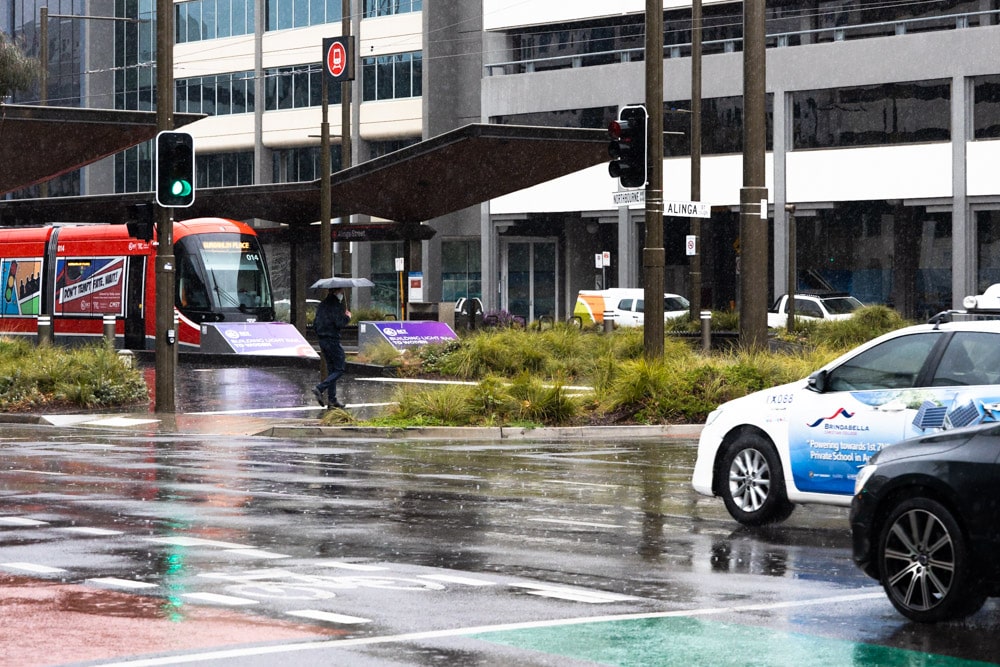 pedestrians with umbrellas walking in Canberra CBD on a rainy day