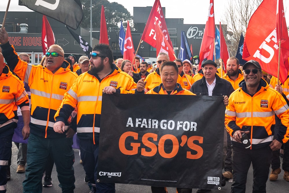 General service officers marching in Dickson this week for higher wages. Photo supplied by CFMEU.