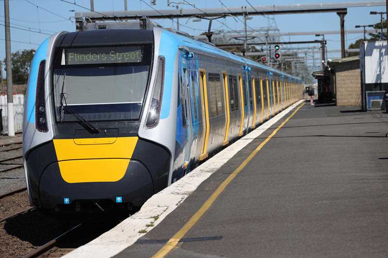 A train is seen at the platform of Pakenham Station in Melbourne