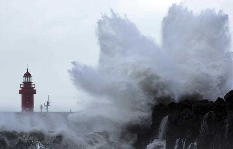 Waves crash on the eastern coast of Jeju Island, South Korea, as Typhoon Hinnamnor travels toward the Korean Peninsula on Sunday, Sept. 4, 2022