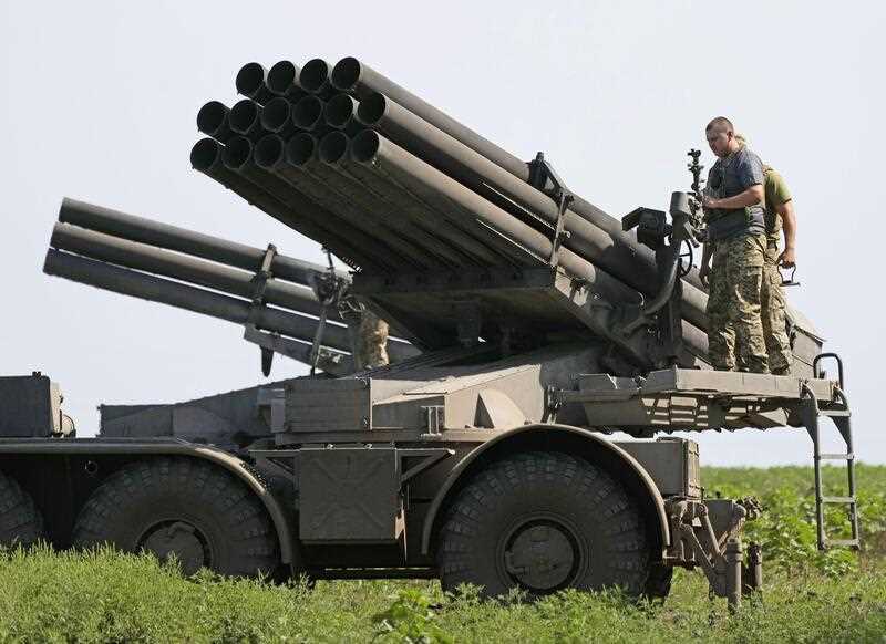 A multiple rocket system is deployed around the border of eastern Ukrainian regions