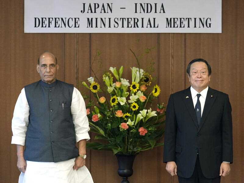 India’s defence minister Rajnath Singh (L) and Japan's defence minister Yasukazu Hamada pose for photographs prior to the Japan-India bilateral defence meeting, at the Japanese Defence Ministry, in Tokyo, Japan, 08 September 2022