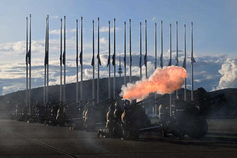 A 96 gun salute, after the death of Queen Elizabeth II, at Parliament House forecourt in Canberra, Friday, September 9, 2022