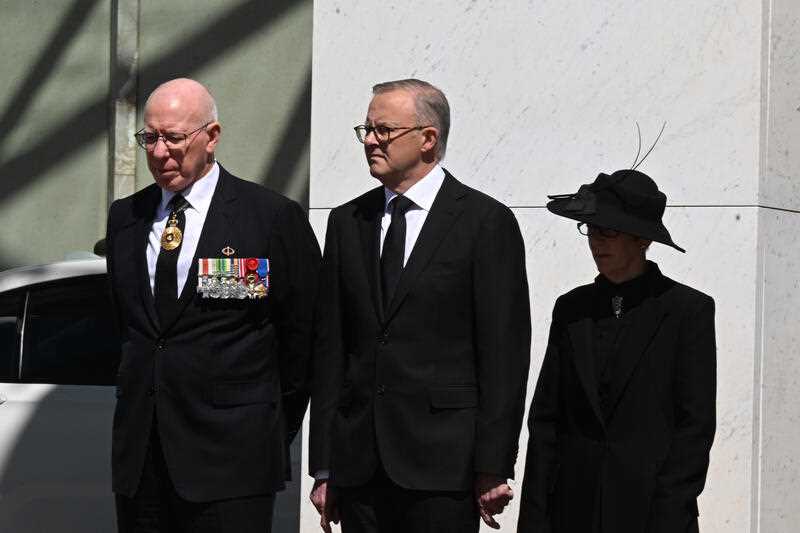 Governor-General David Hurley, Prime Minister Anthony Albanese and Linda Hurley at the Proclamation of King Charles III, on the forecourt of Parliament House, in Canberra, Sunday, September 11, 2022