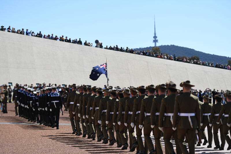 The Federation Guard arrive at the Proclamation of King Charles III, on the forecourt of Parliament House, in Canberra, Sunday, September 11, 2022