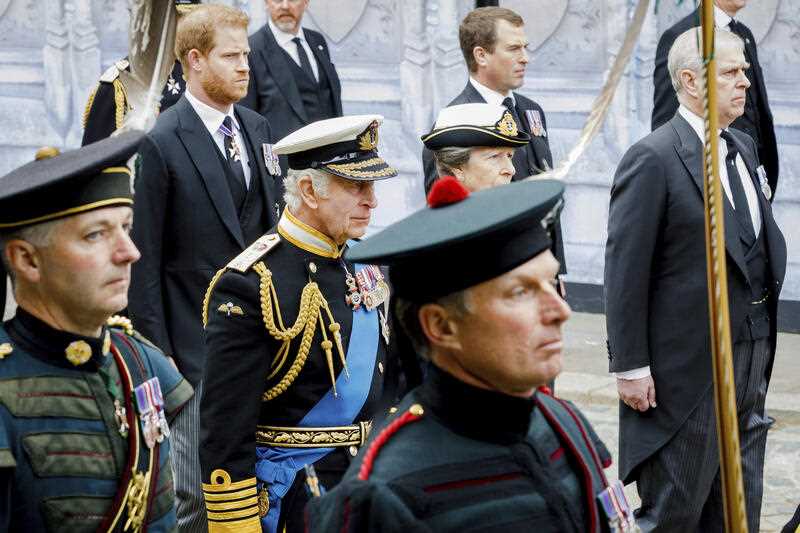Prince Harry, King Charles III, Princess Anne, Peter Phillips and Prince Andrew walk behind The Queen's funeral cortege borne on the State Gun Carriage of the Royal Navy as it proceeds towards Westminster Abbey for the State Funeral of Queen Elizabeth II, in London, Monday Sept. 19, 2022
