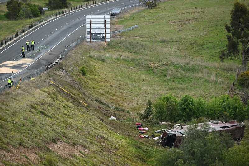 The scene of a collision between a school bus and a truck in Bacchus Marsh, Greater Melbourne, Wednesday, September 21, 2022