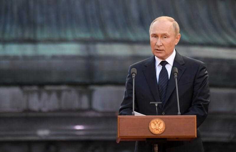 Russian President Vladimir Putin delivers a speech during an event to celebrate the 1160th anniversary of Russian statehood in Veliky Novgorod, Russia, Wednesday, Sept. 21, 2022