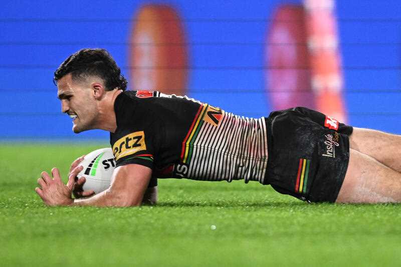 Nathan Cleary of the Panthers scores a try during the NRL Preliminary Final match between the Penrith Panthers and the South Sydney Rabbitohs at Accor Stadium in Sydney, Saturday, September 24, 2022.