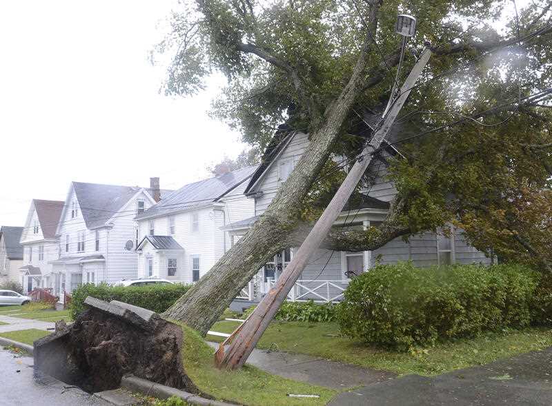 Fallen trees lean against a house in a city in Nova Scotia, Canada