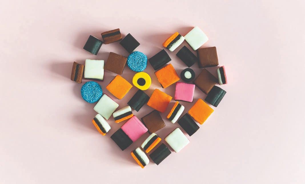 licorice allsorts arranged in the shape of a heart