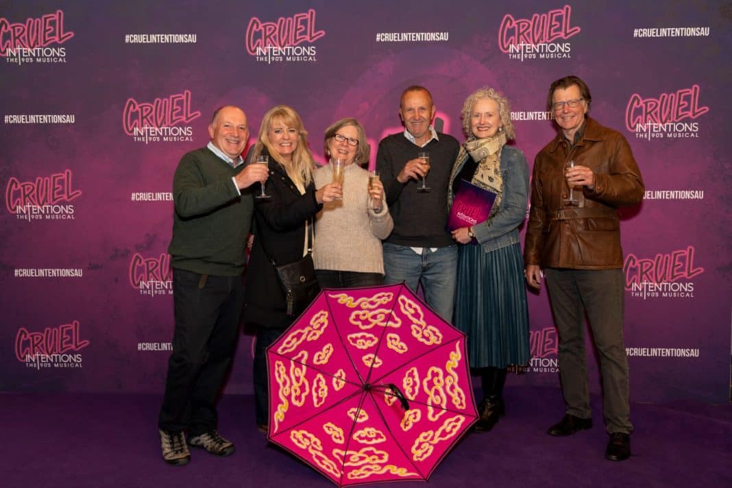 3 women and 3 men on the purple carpet at opening night of Cruel Intentions: The 90s Musical at Canberra Theatre