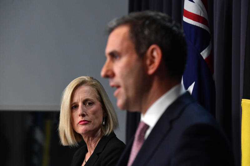 Minister for Finance Katy Gallagher and Treasurer Jim Chalmers at a press conference at Parliament House in Canberra,