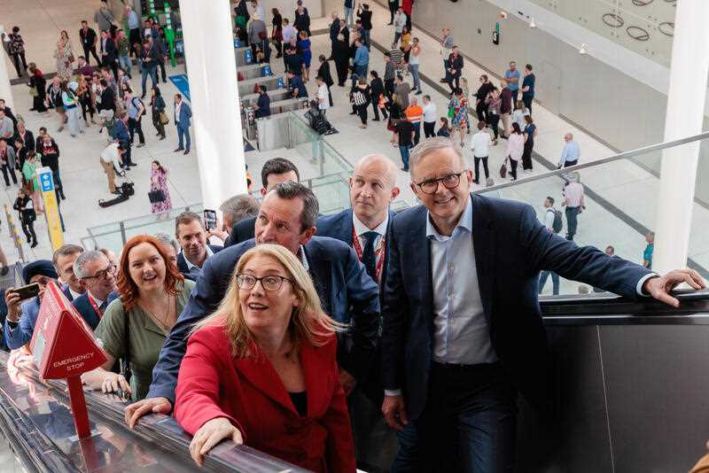 Prime Minister Anthony Albanese, WA Premier Mark McGowan and Transport Minister Rita Saffioti are seen during the opening of the METRONET Airport Line at Airport Central Station in Perth, Sunday, October 8, 2022.
