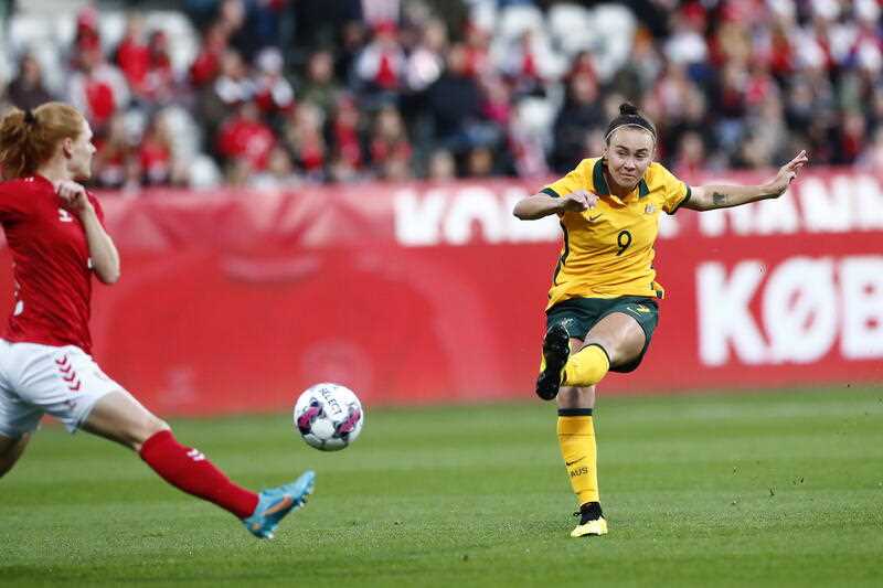 Australia's Caitlin Foord takes a shot on goal during the women's soccer friendly match between Denmark and Australia, in Viborg, Denmark, 11 October 2022
