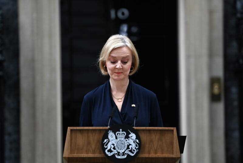 British Prime Minister Liz Truss delivers a resignation statement outside 10 Downing Street in London, Britain, 20 October 2022