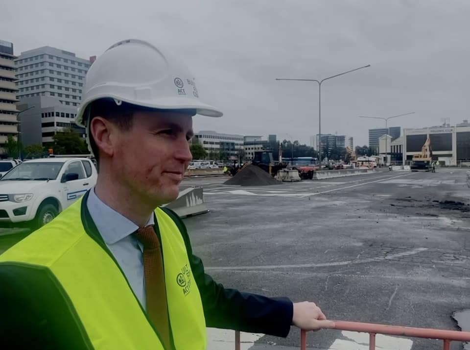 Chris Steel, ACT Minister for Transport and City Services, at the site of the Woden temporary interchange. Photo: ACT Government
