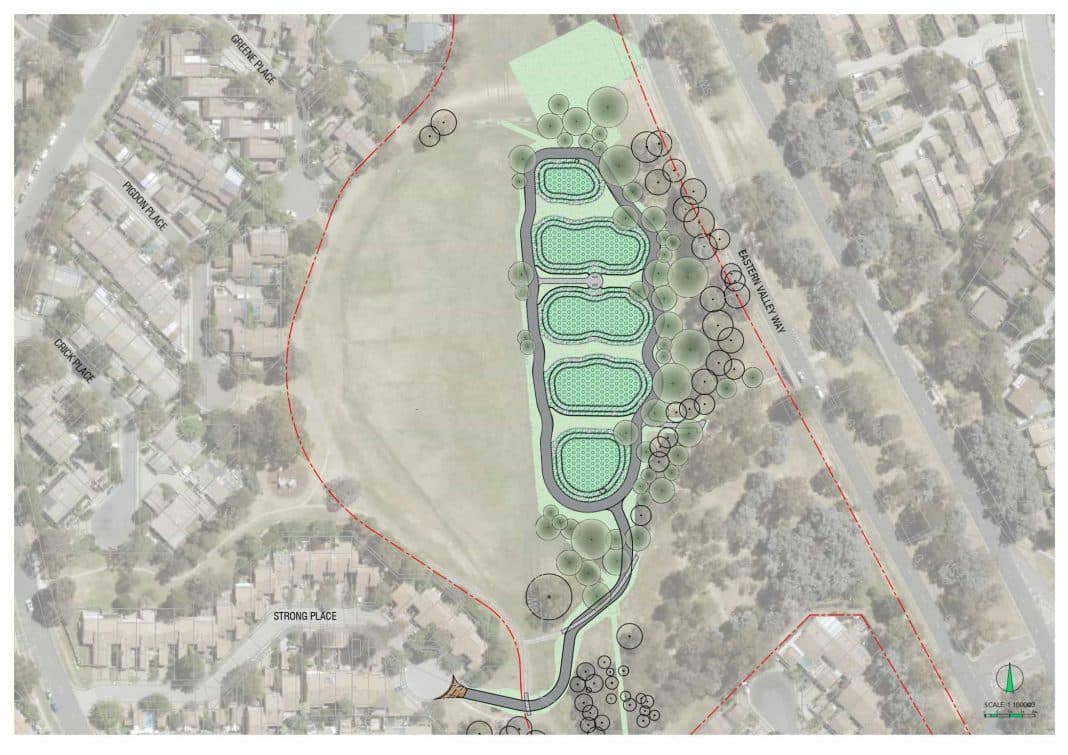 Blueprint showing layout of proposed subsurface wetland at Belconnen Oval, Canberra