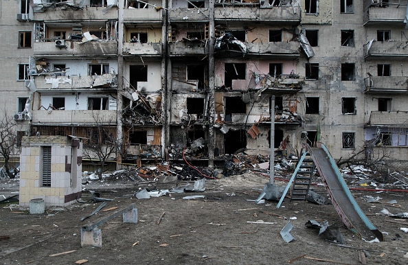A view of bomb damage to a façade of a ten-storey building in Kiev, Ukraine, caused by Russian forces