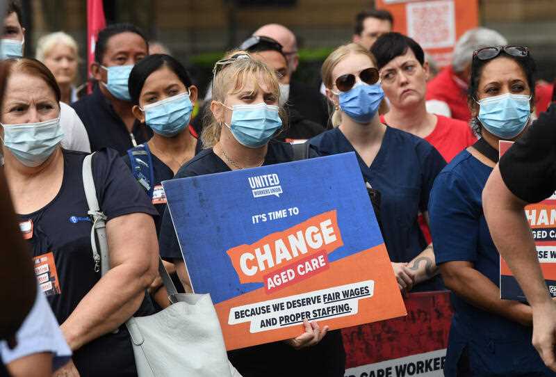 Protestors are seen during an aged care workers strike