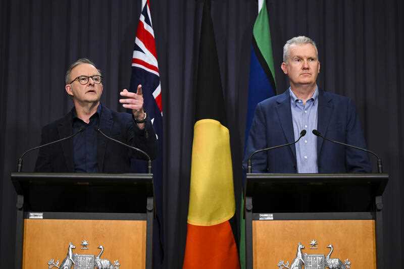 Australian Prime Minister Anthony Albanese and Australian Minister for Employment Tony Burke speak to the media during a press conference at Parliament House in Canberra, Sunday, November 27, 2022