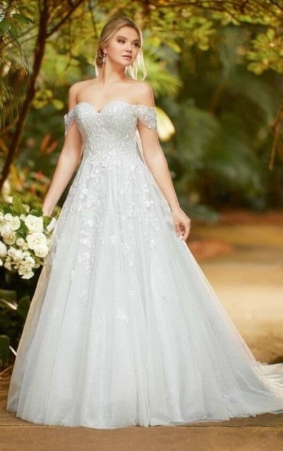 bride in long white lace off-the-shoulder gown