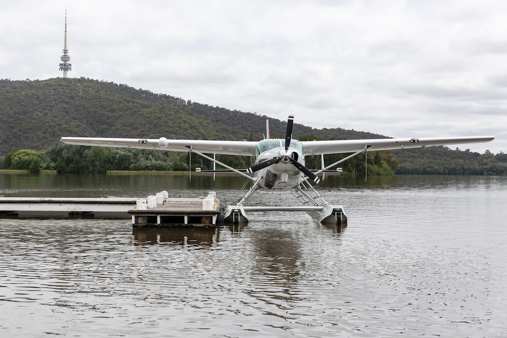 A seaplane lands on Lake Burley Griffin in the 2020 trial flight. Photo: Kerrie Brewer
