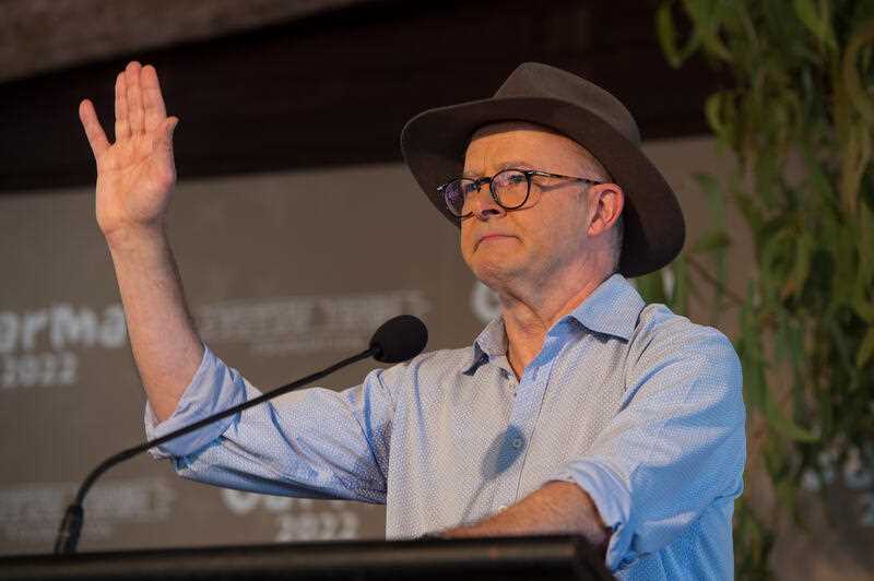 Prime Minister Anthony Albanese delivers a speech to Indigenous leaders, campaigners and advocates gathered at the Garma Festival in northeast Arnhem Land, Northern Territory, Saturday, July 30, 2022