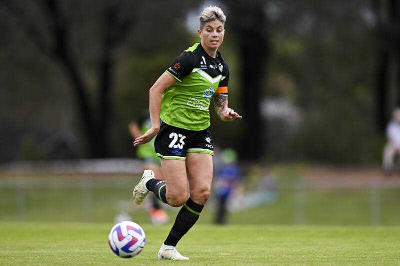 Michelle Heyman of Canberra United in action during an A-League Women soccer match at Mckellar Park in Canberra