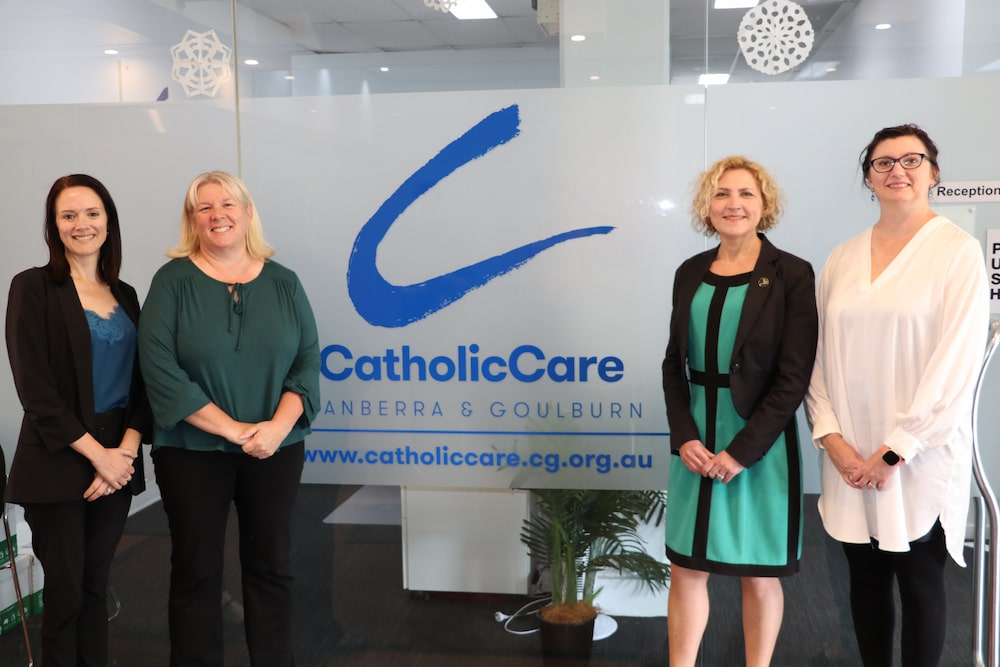 CatholicCare’s Samantha Gill (director – Allied Health Services) and CEO Anne Kirwan (left) and Emma Davidson, ACT Minister for Mental Health, and Cheryl Garrett (ACT Health) (right). Photo: Nicholas Fuller