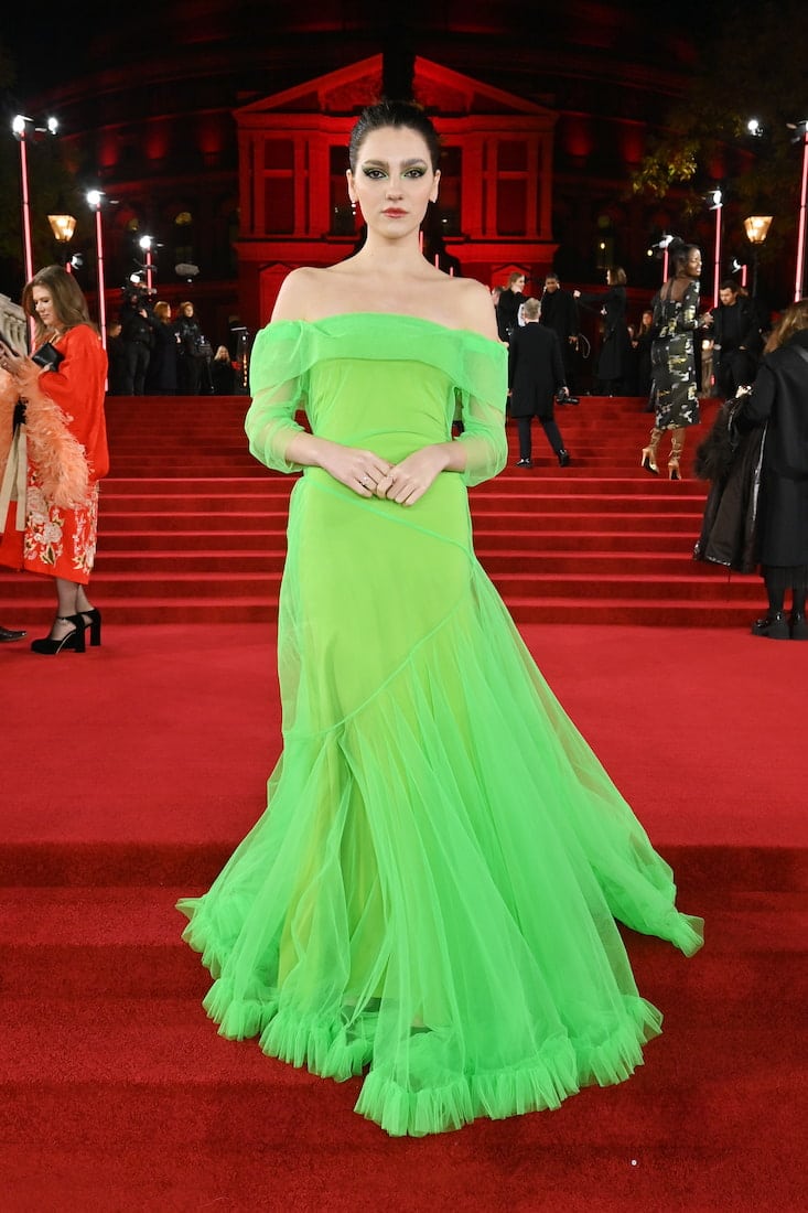 Fashion-savvy celebs are also going mad for the meme-able green with several sporting the shade to the 2022 Fashion Awards, including House of the Dragon’s Queen of Team Green herself, Emily Carey, who plays young Alicent Hightower.