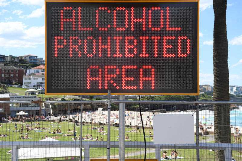 A sign displaying Alcohol Prohibited is displayed at Bronte Beach Sydney