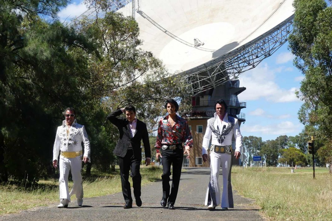Elvis tribute artists Graham Lawrence, Victor Trevino Jr, Dean Z and Diogo Light at the CSIRO Parkes Dish during the Parkes Elvis Festival in Parkes, NSW Friday, January 6, 2023