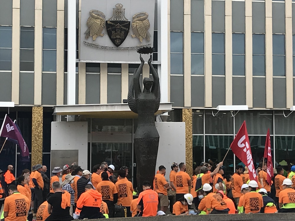 The CFMEU protested outside the Legislative Assembly last month; today, the ACT Government raised their pay. Photo: Nicholas Fuller