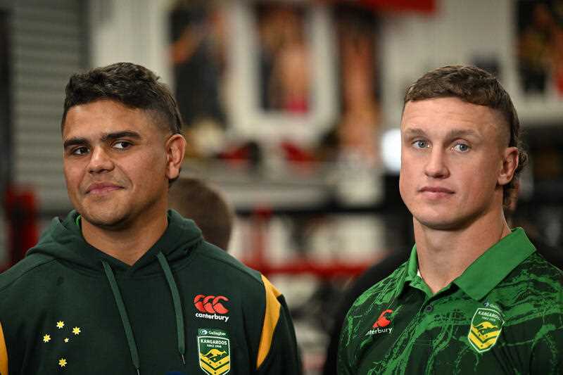 NRL players Latrell Mitchell and Jack Wighton speak to the media during a No Limit boxing promotional event for the Super Saturday Boxing Festival in Sydney, Wednesday, October 5, 2022.