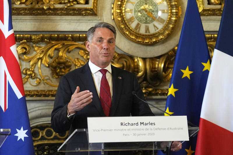 Defense Minister Richard Marles speaks during a press conference with his French counterpart Monday, Jan. 30, 2023 in Paris