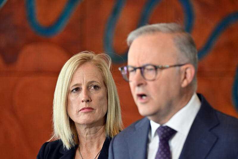 Minister for Finance Katy Gallagher and Prime Minister Anthony Albanese speak to the media