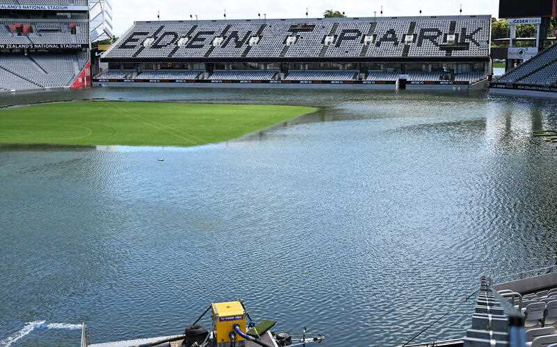 Flooded grounds after a rain storm at Eden Park in Auckland, New Zealand, Wednesday, February 1, 2023