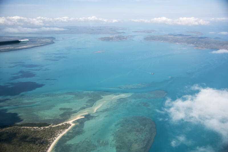 View across Torres Strait Islands from airplane