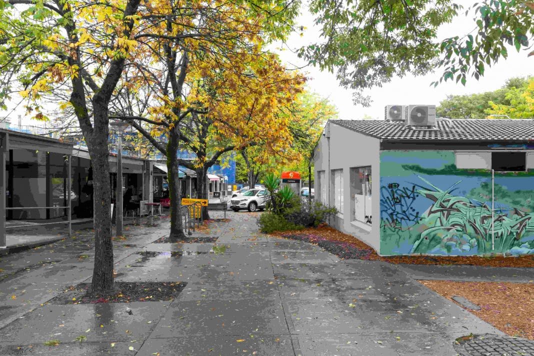 paving, trees and graffiti at the Campbell shops in Canberra