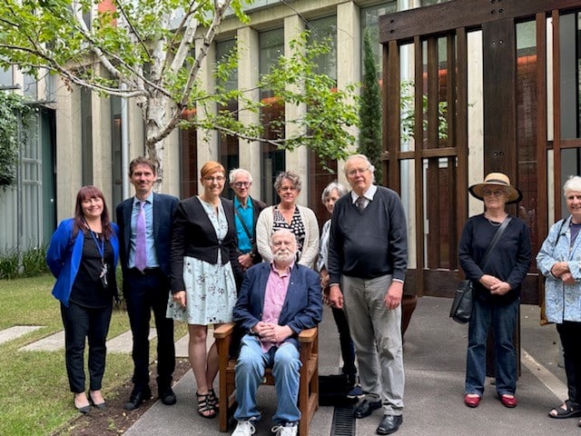 Anthony Trimingham OAM, CEO of Family Drug Support (seated), and Rachel Stephen-Smith, ACT health minister (left), with families and stakeholders. Photo: ACT Government